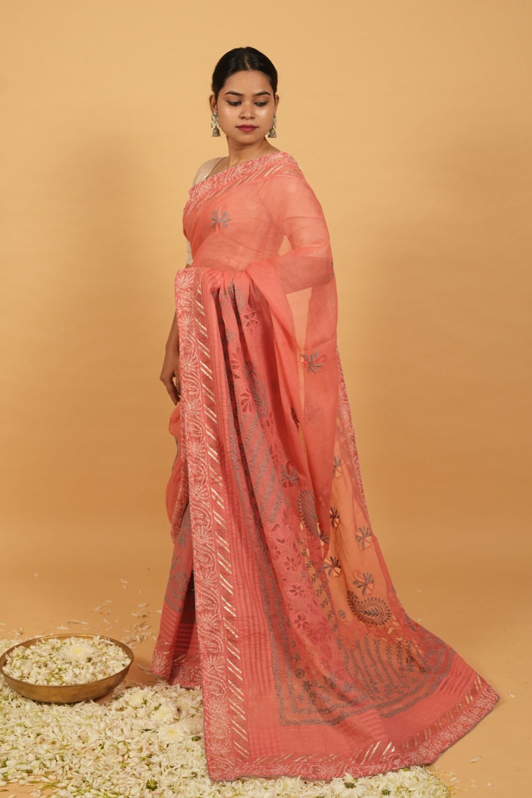 DSC07962 Pink kota saree with gota patti border, cutwork & pintucks highlighting - Image 1