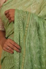 Green Kota Saree in handmade embroidery - Blouse included with lining - Image 3