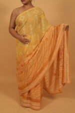 Mustard Yellow kota chikankari saree with tapechi and applique woork
