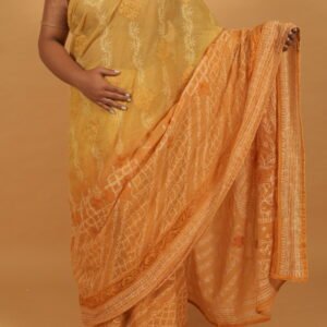 Mustard Yellow kota chikankari saree with tapechi and applique woork