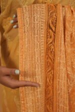 Mustard Yellow kota chikankari saree with tapechi and applique woork - Image 3