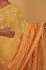 Mustard Yellow kota chikankari saree with tapechi and applique woork - Image 4