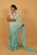 Turqoise Blue saree in tissue kota with cutwork border - Image 5
