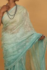 Turqoise Blue saree in tissue kota with cutwork border
