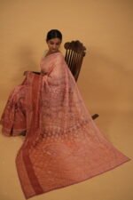 Rust brown cheque organza saree with pintucks border and cutwork on pallu