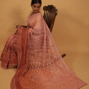 Rust brown cheque organza saree with pintucks border and cutwork on pallu