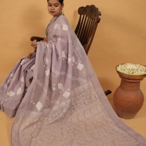 Lilac cotton saree with tissue pallu and pintucks border