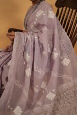Lilac cotton saree with tissue pallu and pintucks border - Image 2