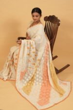 White Kota saree with orange shading with embroidered border and java lining - Image 2