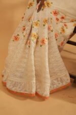White Kota saree with orange shading with embroidered border and java lining - Image 4