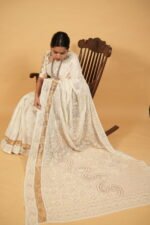 Pongal special collection in white with zardozi work on pallu and golden tissue border