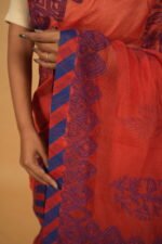 Dark red pintucks border saree with blue thread work -  cheque organza saree - Image 5