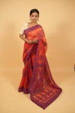 Dark red pintucks border saree with blue thread work -  cheque organza saree