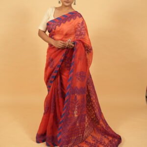 Dark red pintucks border saree with blue thread work -  cheque organza saree