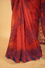 Dark red pintucks border saree with blue thread work -  cheque organza saree - Image 2