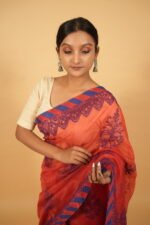 Dark red pintucks border saree with blue thread work -  cheque organza saree - Image 4