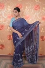 Dark Blue kota saree with floral hand embroidery all over