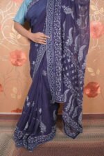 Dark Blue kota saree with floral hand embroidery all over - Image 4