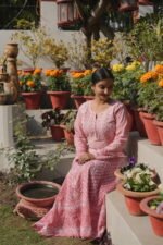 Pink Cotton Anarkali with Handmade Embroidery | Breathable Ethnic Wear - Image 5