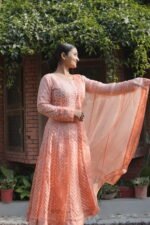 Peach Anarkali | Elegant Ethnic Wear | Handmade Chikankari - Image 4