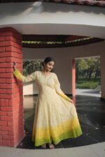 Lime yellow with shading of home green Anarkali set in cotton Voil - Image 6