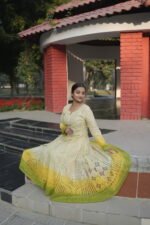 Lime yellow with shading of home green Anarkali set in cotton Voil