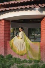 Lime yellow with shading of home green Anarkali set in cotton Voil - Image 2