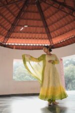 Lime yellow with shading of home green Anarkali set in cotton Voil - Image 3