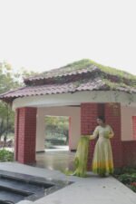 Lime yellow with shading of home green Anarkali set in cotton Voil - Image 4