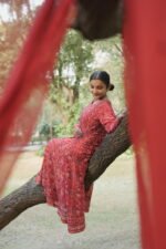 Red Georgette Anarkali with Blue Thread Work | Ethnic Wear - Image 2