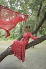 Red Georgette Anarkali with Blue Thread Work | Ethnic Wear - Image 3