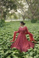 Red Georgette Anarkali with Blue Thread Work | Ethnic Wear - Image 4