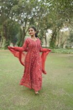 Red Georgette Anarkali with Blue Thread Work | Ethnic Wear - Image 6
