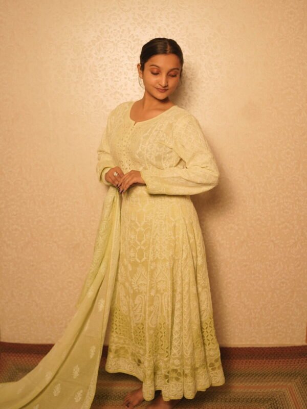Woman in elegant traditional light green attire.