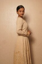 Beige cotton Anarkali in full flared embroidery - Image 3