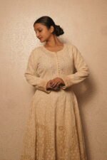 Beige cotton Anarkali in full flared embroidery - Image 4