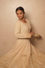 Beige cotton Anarkali in full flared embroidery - Image 6