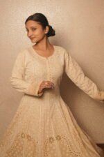 Beige cotton Anarkali in full flared embroidery - Image 7