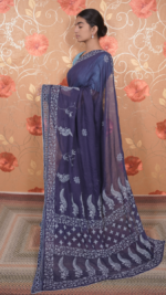 Dark Blue kota saree with floral hand embroidery all over - Image 5