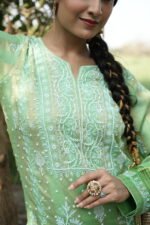 Woman in green embroidered outfit