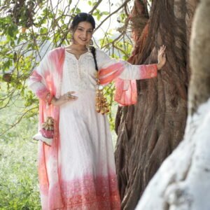 White Red Chikankari Suit Set with Beadwork