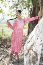 Bright Pink Chikankari Suit Set with Beadwork