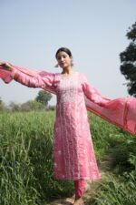 Bright Pink Chikankari Suit Set with Beadwork - Image 4