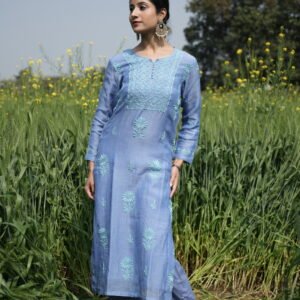 Woman in blue ethnic attire outdoors