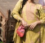 Woman in traditional attire with bag