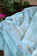 Sky Blue Pure Cotton Co-Ord Set with All-Over Antique Mukesh Embroidery