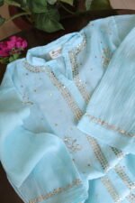 Sky Blue Pure Cotton Co-Ord Set with All-Over Antique Mukesh Embroidery - Image 4