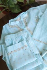 Sky Blue Pure Cotton Co-Ord Set with All-Over Antique Mukesh Embroidery - Image 5