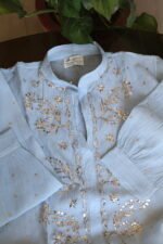 Powder Blue Pure Cotton Co-Ord Set with All-Over Antique Mukesh Work