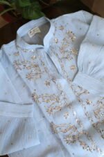 Powder Blue Pure Cotton Co-Ord Set with All-Over Antique Mukesh Work - Image 4